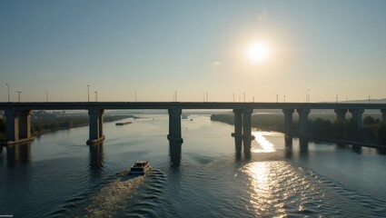 Fototapeta premium Majestic highway bridge over river with passing boats and long shadow in sun