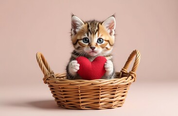 a striped kitten in a basket with a heart in its paws on a light background