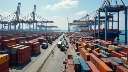 Busy shipping yard with colorful containers cranes and workers loading a freighter