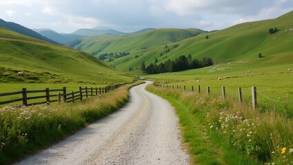 Obraz premium Tranquil rural landscape with winding road sheep fences and wildflowers
