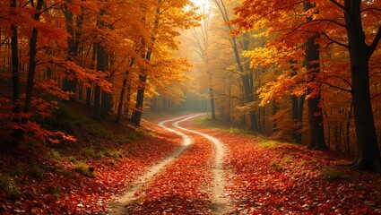 Vibrant autumn forest with winding red dirt road and golden sunlight