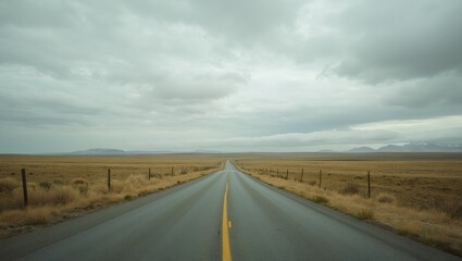 Naklejka premium Tranquil road through endless plain under cloudy sky