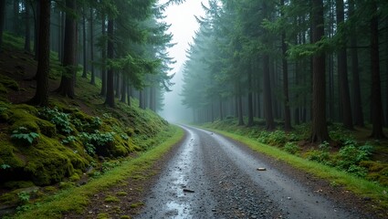 Fototapeta premium Serene mountain road with misty pine forest and moss covered rocks