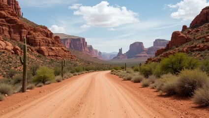Fototapeta premium Scenic desert road with cacti rocky cliffs and clear blue sky