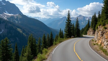 Scenic mountain road overlooking valley with pine trees