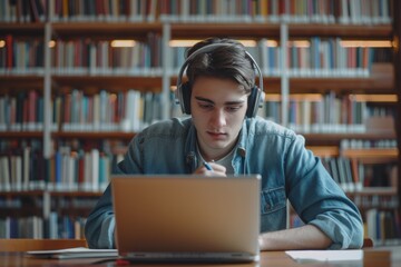 A handsome student focused on writing an essay while using a laptop in a library during late afternoon
