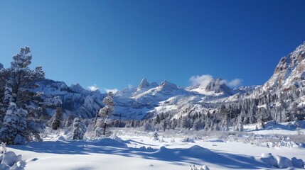 Snow-covered mountains, clear blue sky and crisp air