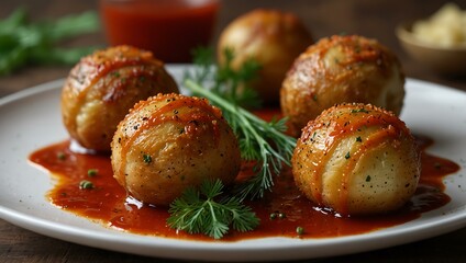Golden-brown tornado-shaped potato balls served with vibrant red sauce and dill on a white plate.