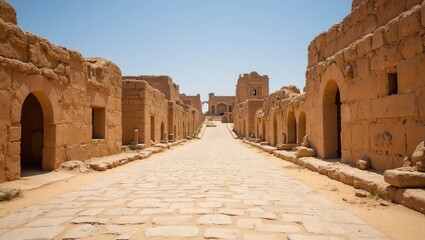 Desert fortress ruins with stone road and sun bleached walls and arches