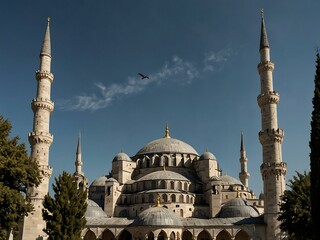Grand blue mosque soaring above a garden paradise in Istanbul.