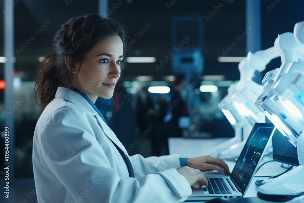 Poster female engineer working diligently at a computer in a modern laboratory setting during the evening h