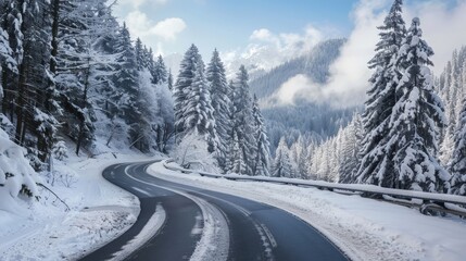 Snowy mountain road winding through alpine forest, winter scene