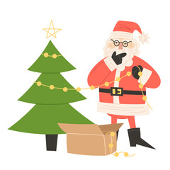 Santa Claus decorating a Christmas tree with ornaments