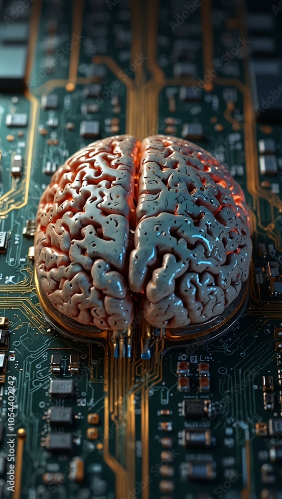 Poster human brain on a circuit board representing ai in 3d rendering.