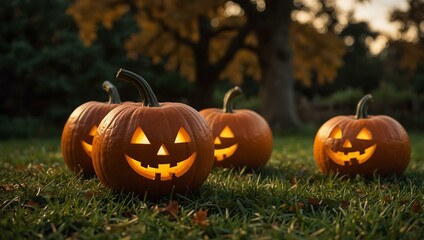 Illuminated pumpkins on grass in an autumn setting.1