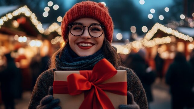 A woman with glasses and a warm hat smiles brightly while holding a beautifully wrapped gift at a holiday market. Twinkling lights and festive decorations surround her, creating a joyful atmosphere.