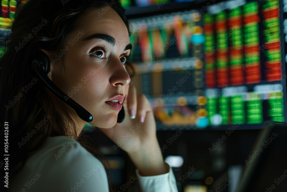 Poster a professional stock exchange trader analyzes market trends while communicating with clients in a mo