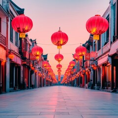 A serene street adorned with vibrant red lanterns, evoking cultural festivities.