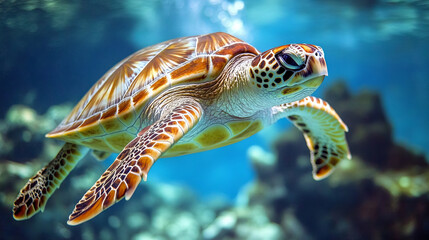 A cute sea turtle gracefully swimming near the ocean’s surface in a calm, blue sea. This peaceful underwater scene showcases the turtle moving effortlessly through the water