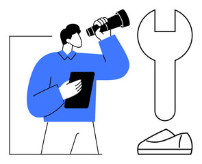 Businessman holding a tablet and looking through a telescope, adjacent to giant wrench and shoe symbols. Ideal for business strategy, innovation, vision, problem-solving, tools, engineering