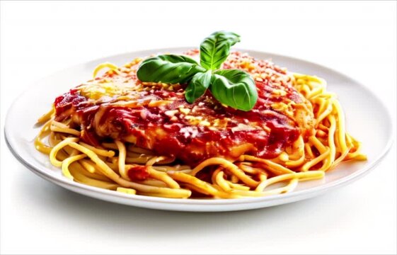 Veal parmigiana with cheese and basil served with spaghetti on white background. Traditional Italian cuisine pasta dish 