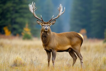 Majestic stag standing in a field during early morning light in a serene landscape