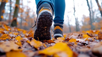 Close up of a person's feet walking on a path covered in fallen leaves.
