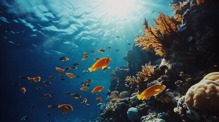 Colorful marine panorama of tropical fish swimming around a coral reef. Vibrant underwater scene showcasing oceanarium wildlife, perfect for snorkeling and diving exploration.