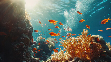 Obraz premium Colorful marine panorama of tropical fish swimming around a coral reef. Vibrant underwater scene showcasing oceanarium wildlife, perfect for snorkeling and diving exploration.