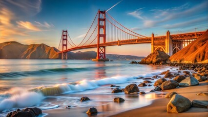 Fototapeta premium Golden Gate Bridge Sunrise Ocean Waves Rocks