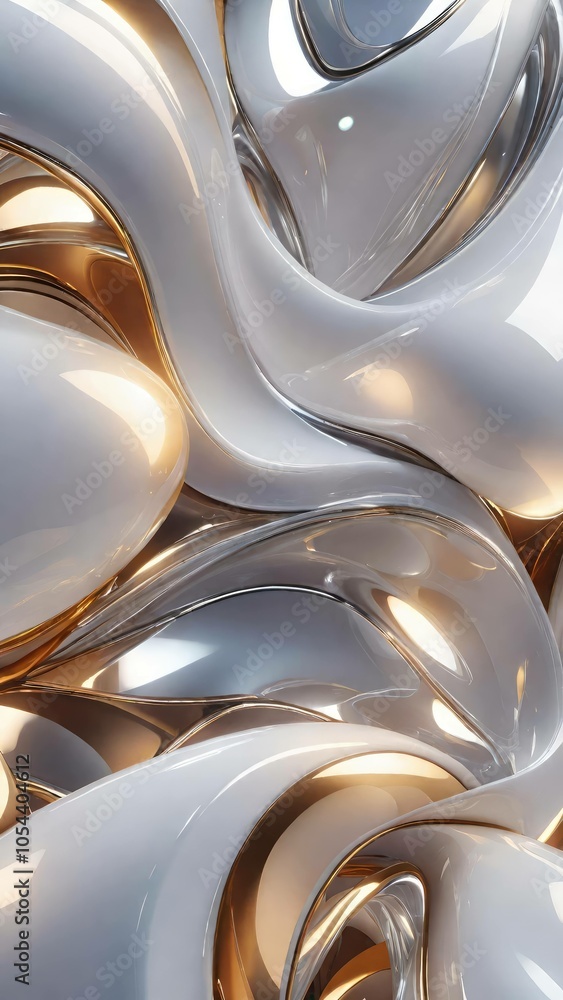 Poster white and gold, bronze color tone metallic 3d wavy lines abstract background.