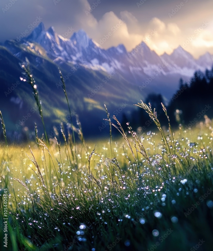 Poster a field of grass with dew drops in the foreground, with snow-capped mountains in the background and 
