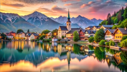Alpine Village Reflecting In Tranquil Lake