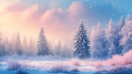 Winter Landscape – Frosty Trees in a Snow-Covered Forest. Peaceful Winter Scenery with Gentle Snowfall