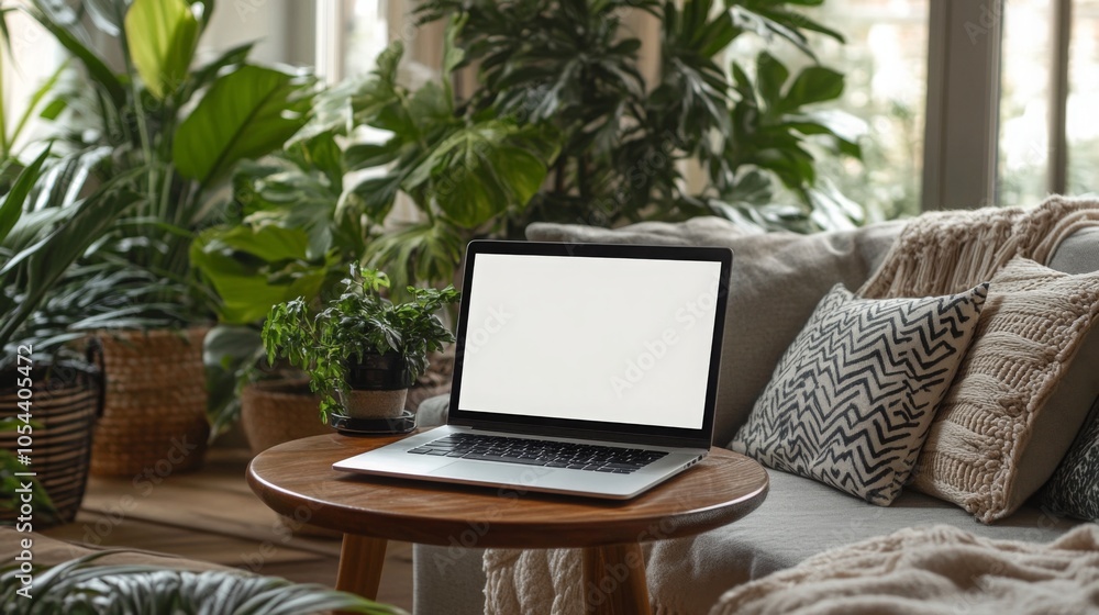 Aufkleber A stylish indoor workspace featuring a laptop on a wooden table. The area is adorned with various houseplants and soft cushions, creating a warm and inviting atmosphere during the day.
