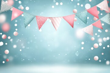Colorful bunting decorations create a festive atmosphere with a soft blue backdrop