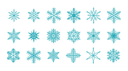Unique snowflakes set, detailed hand drawn flat vector line illustration. Graphic outline doodle drawing. Christmas and New Year symbol. Beautiful snowflake silhouette icon for frosty winter designs.