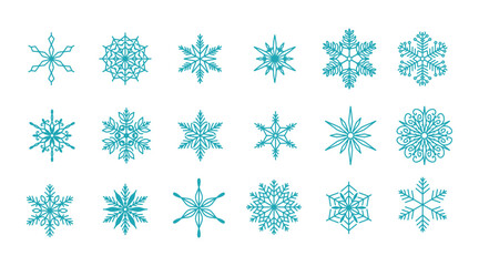 Unique snowflakes set, detailed hand drawn flat vector line illustration. Graphic outline doodle drawing. Christmas and New Year symbol. Beautiful snowflake silhouette icon for frosty winter designs.