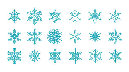Unique snowflakes set, detailed hand drawn flat vector line illustration. Graphic outline doodle drawing. Christmas and New Year symbol. Beautiful snowflake silhouette icon for frosty winter designs.