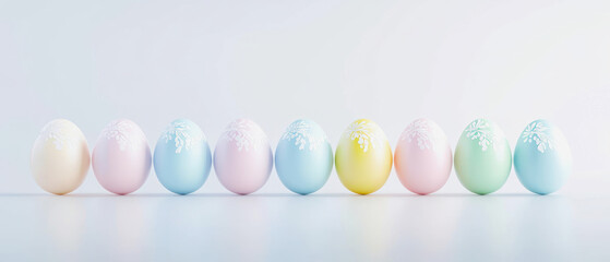 Fototapeta premium Pastel Easter eggs arranged in a colorful banner for spring celebrations, brightly lit and elegantly designed for festive decoration