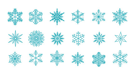 Unique snowflakes set, detailed hand drawn flat vector line illustration. Graphic outline doodle drawing. Christmas and New Year symbol. Beautiful snowflake silhouette icon for frosty winter designs.