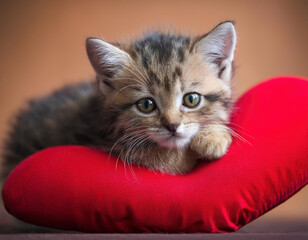 Cute little kitten resting on red heart pillow on brown background, closeup