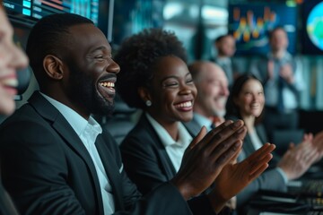 A team of investment bankers joyfully applauding during a successful presentation in a modern office setting