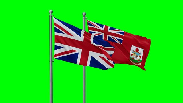The Bermudas and United Kingdom flags flying together, video concept of the relationship with colored chroma key for easy background remove