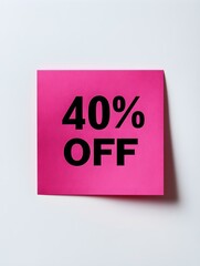 Black '40% OFF' Text on a Magenta Square Paper Note. White Background 