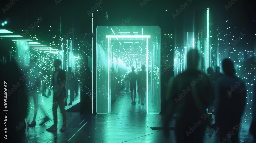 Poster silhouetted people are walking into a futuristic glowing green portal in a metaverse environment wit