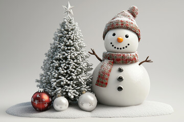 Snowmen stand next to a small Christmas tree on the snow