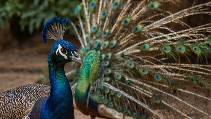 Fototapeta premium Peacocks roaming freely in the zoo, displaying their vibrant tails.