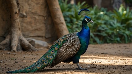 Obraz premium Peacocks roaming freely in the zoo, displaying their vibrant tails.