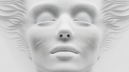 Abstract face sculpture featuring flowing lines and serene expressions in minimalist white tones, showcasing innovative artistry and design concepts